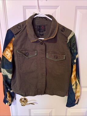 Khaki Military Jacket with Patterned Sleeves